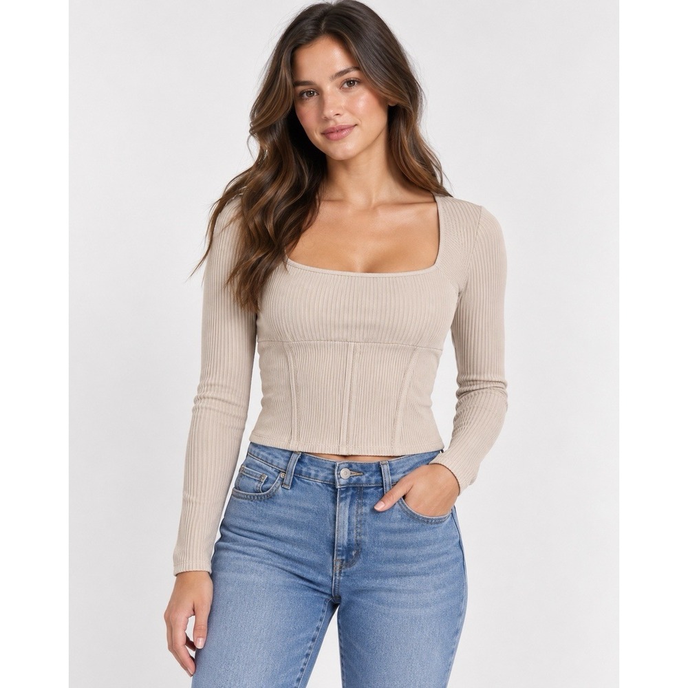 Mi Ami for Francesca’s Women’s Ribbed Square Neck Long Sleeve Top Taupe M NWT